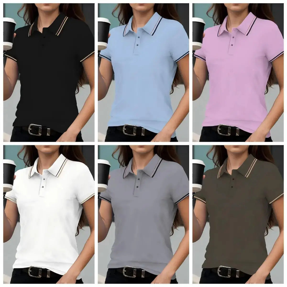 Women Summer Solid Color Stripe Polo Shirt Short Sleeve Streetwear