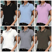 Women Summer Solid Color Stripe Polo Shirt Short Sleeve Streetwear