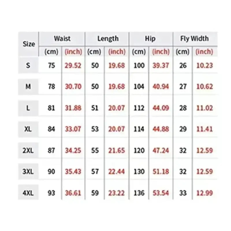 Cycling sweatpants size chart with waist, length, hip and fly width for S–4XL