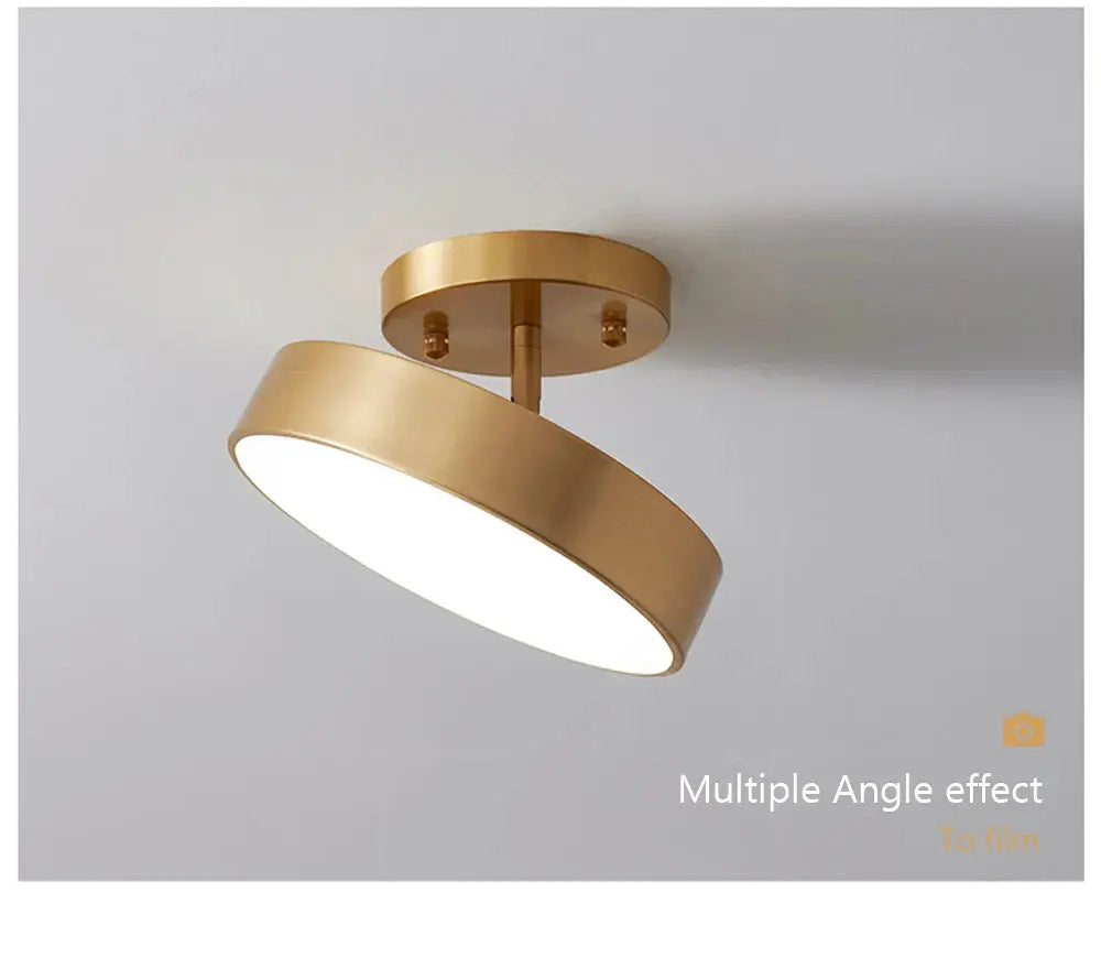 Modern LED ceiling light copper lamp with a round gold finish for bedroom, living room, or entryway decor