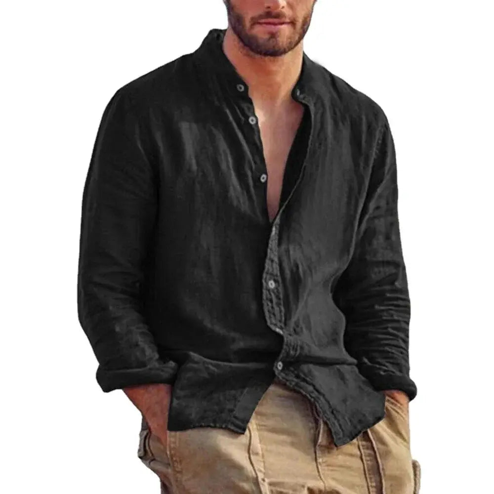 Men's black linen long-sleeve shirt with stand collar, casual lightweight breathable top