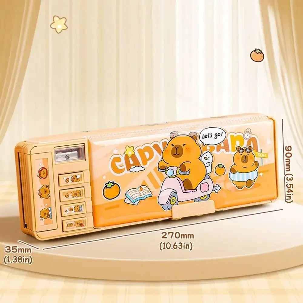 Capibara pen case ABS, colorful orange cartoon pencil box with drawer compartment, by Simples Market