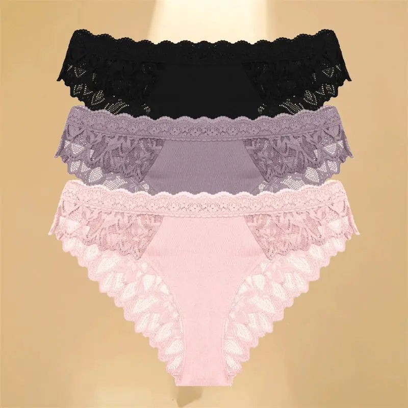 Finetoo 3-pcs lace hollow-out underwear set: black, lavender, and pink low-rise floral lace briefs by Simples Market