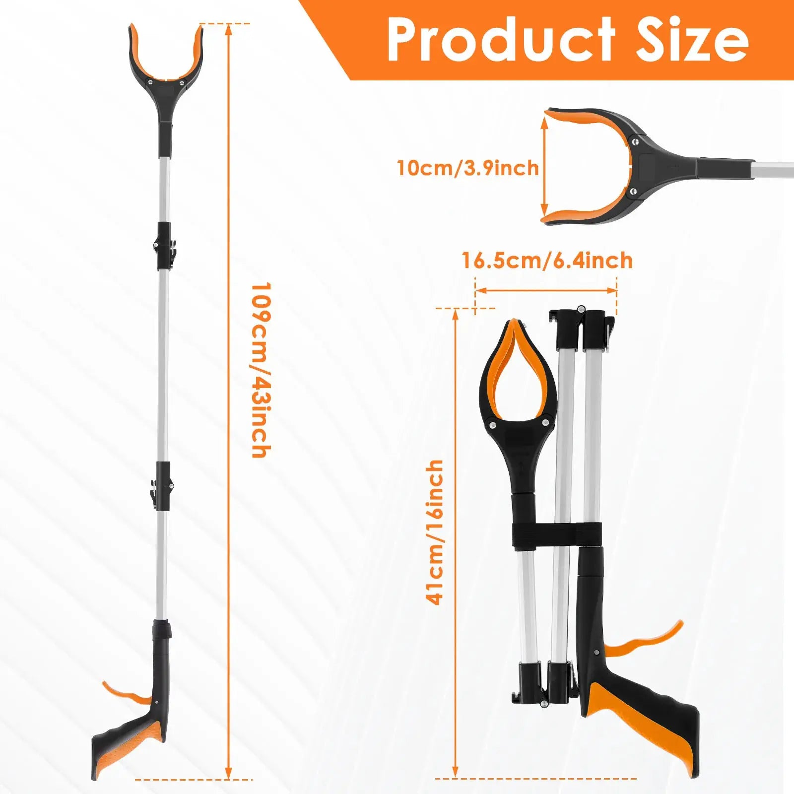 Foldable gripper extender hand tool by Simples Market with non-slip orange jaws and adjustable pole