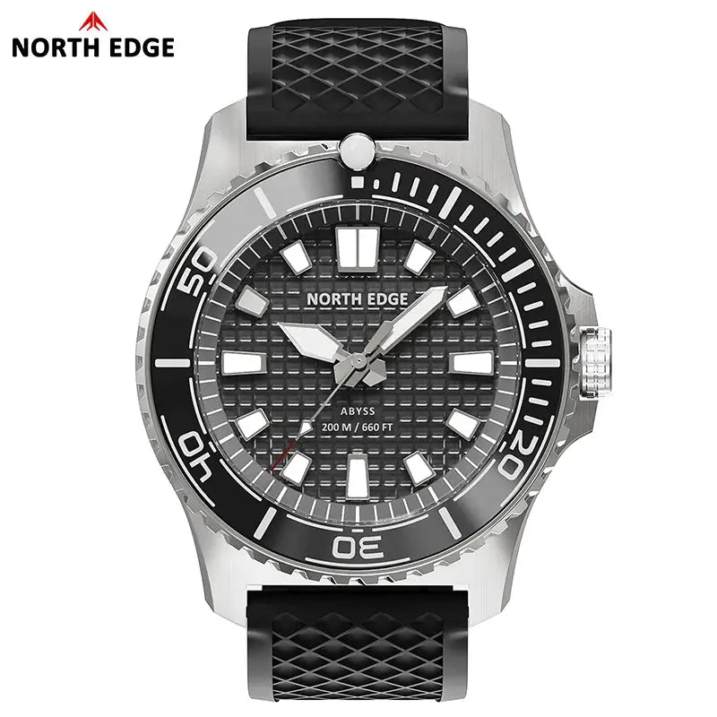 North Edge Abyss diving watch, solar-powered, 200m water resistant, 316L steel case, black dial, black strap