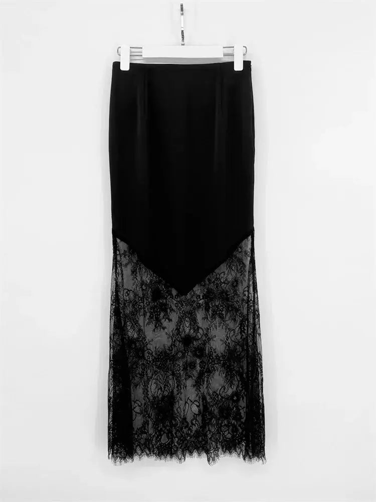 Trendix Patchwork Lace High Waist Hollow Out Maxi Skirt For Women Autumn Brown Boho Party Fashion