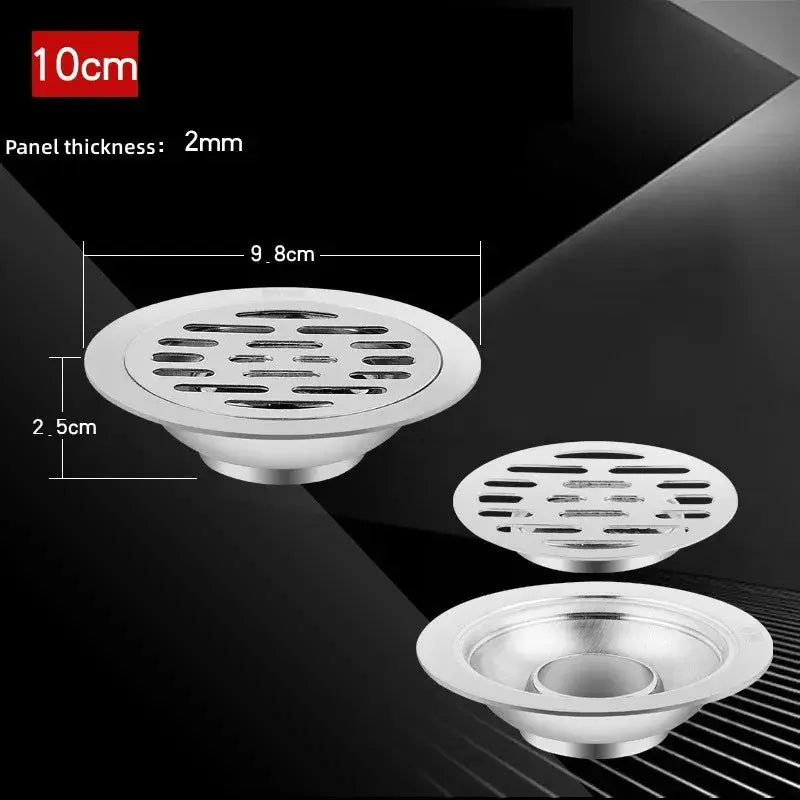 Simples Market stainless steel floor drain set with hair catcher for shower and bathtub, anti-odor, 9.8 cm diameter.