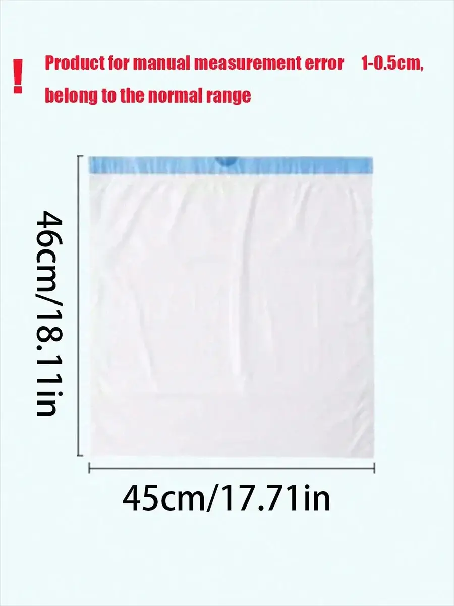 White trash bag with blue top, 46cm tall by 45cm wide.