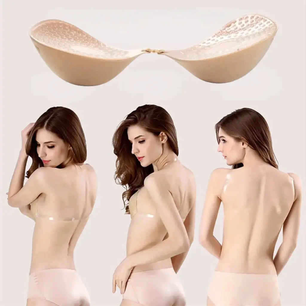 Simples Market beige adhesive padded strapless bra with clear nipple tape, shown on three models
