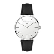 CHRONOS unisex minimalist quartz wristwatch with white dial, black leather strap, silver case