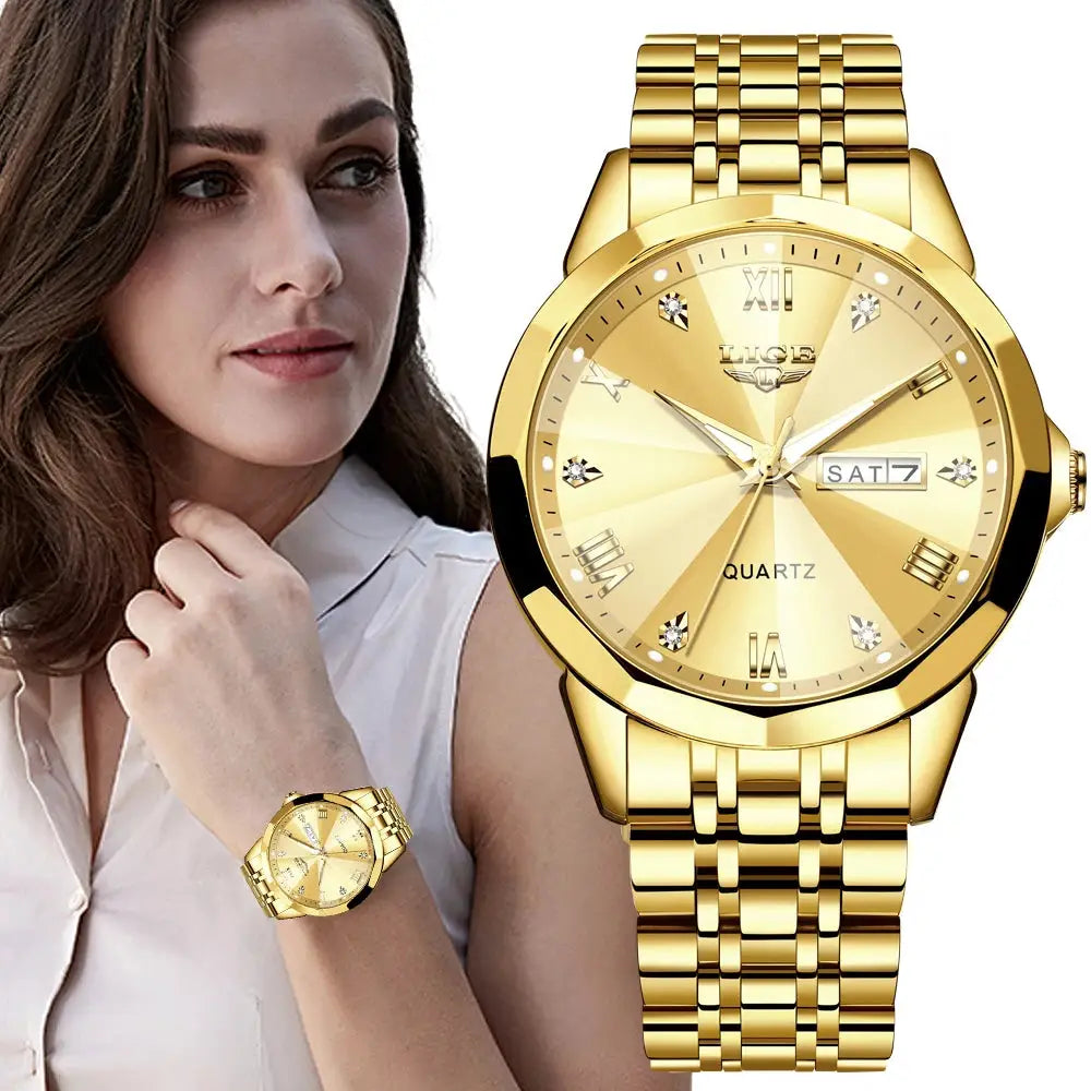 LIGE gold-tone quartz women's watch with crystal markers and day-date display on a bracelet-style band
