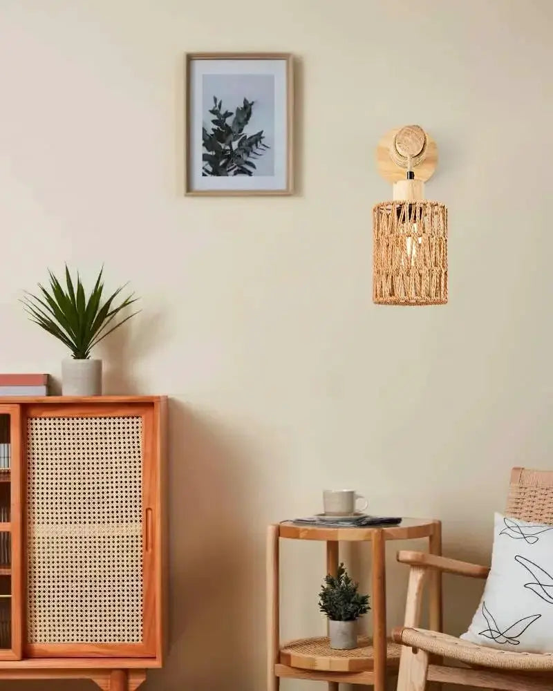 Hemp rope cylindrical wall lamp with natural beige shade and wooden mount for farmhouse bedroom decor