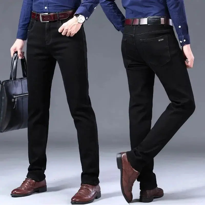 Simples Market black business casual trousers, slim fit, shown on two models with brown belts