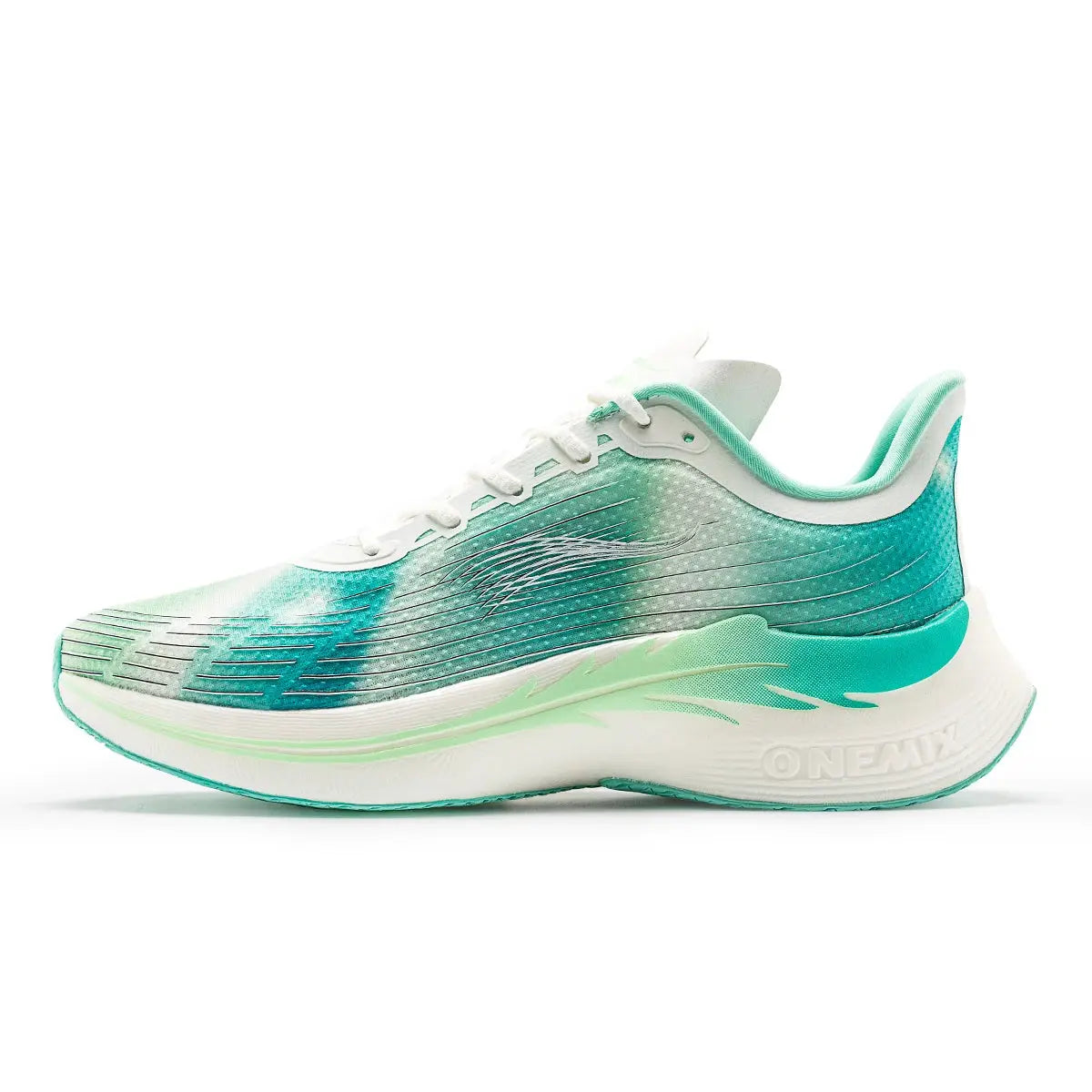 Onemix running shoes teal-to-white gradient, breathable lightweight mesh, lace-up athletic sneakers