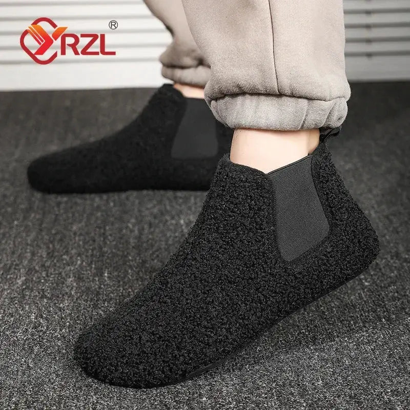 YRZL Winter Warm Cotton Indoor Slippers For Men Soft Sole Anti Slip Plush Lining Casual Home Shoes