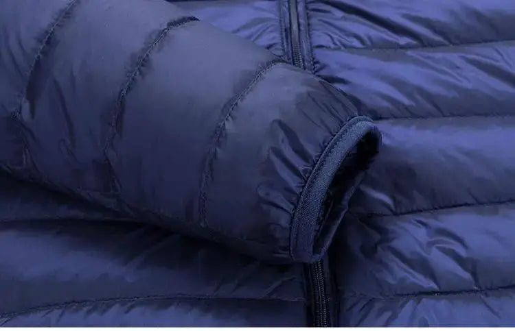 UETEEY men's ultralight down jacket, blue, hooded puffer with zipper cuffs