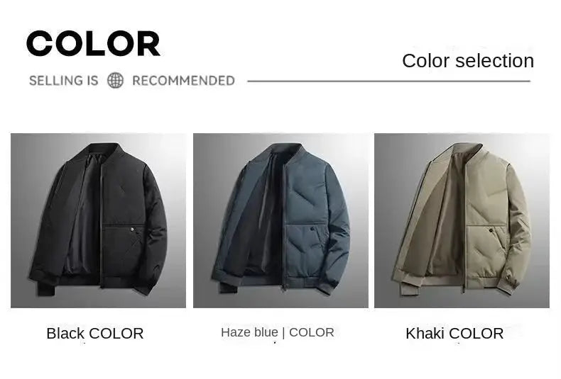Baseball-collar cotton jacket for men in black, haze blue, and khaki — 3-piece Simples Market display.