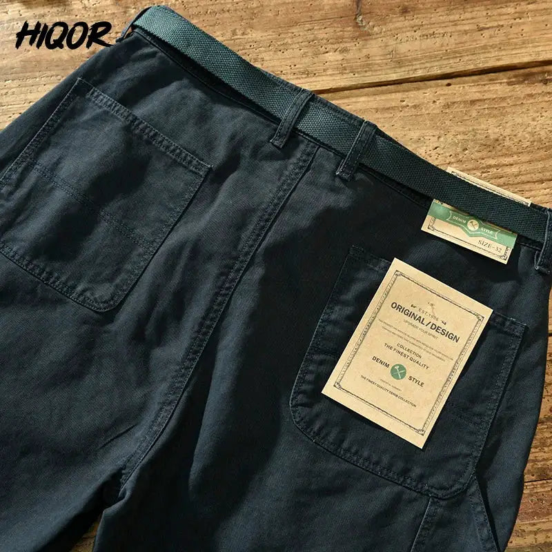 Men's cotton cargo pants with loose fit, khaki color, belt, and large back patch pockets
