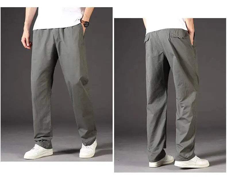 Men's cargo pants Simples Market, gray cotton work joggers, front and back views.