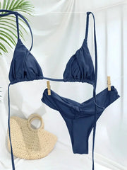 Sexy Folds Bikini Set Solid Micro Triangle Swimwear for Women Two Piece Beachwear Bathing Suit