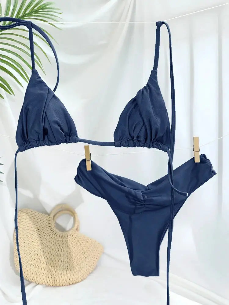Sexy Folds Bikini Set Solid Micro Triangle Swimwear for Women Two Piece Beachwear Bathing Suit