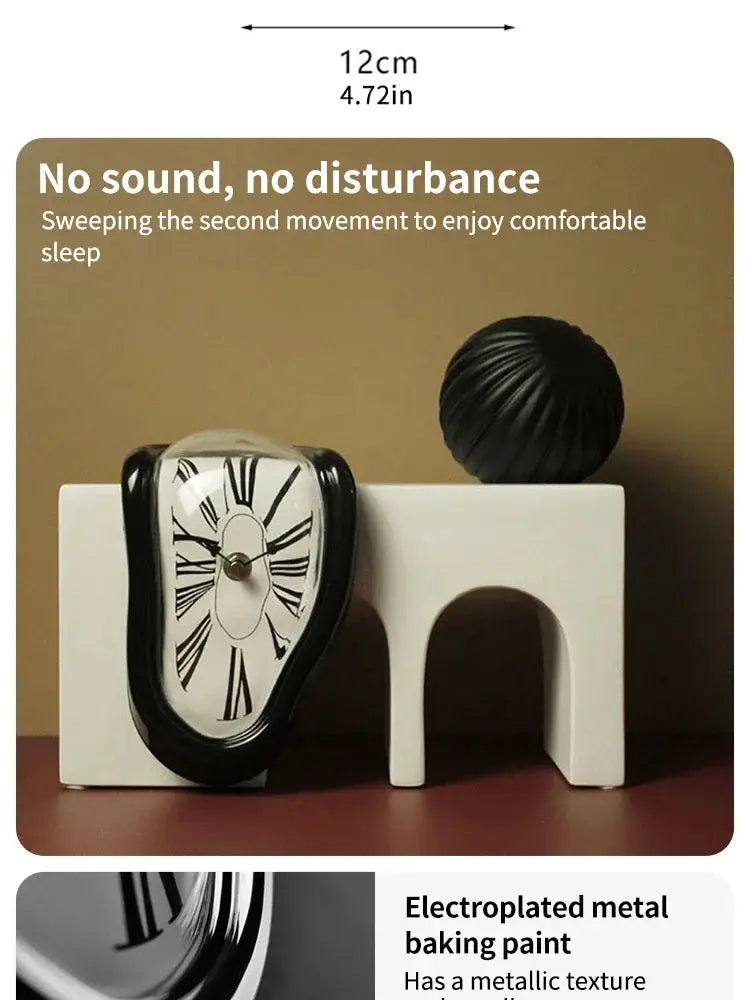 Surreal melting clock decor sculpture with black rim and white dial resting on a white arch stand beside a black ball