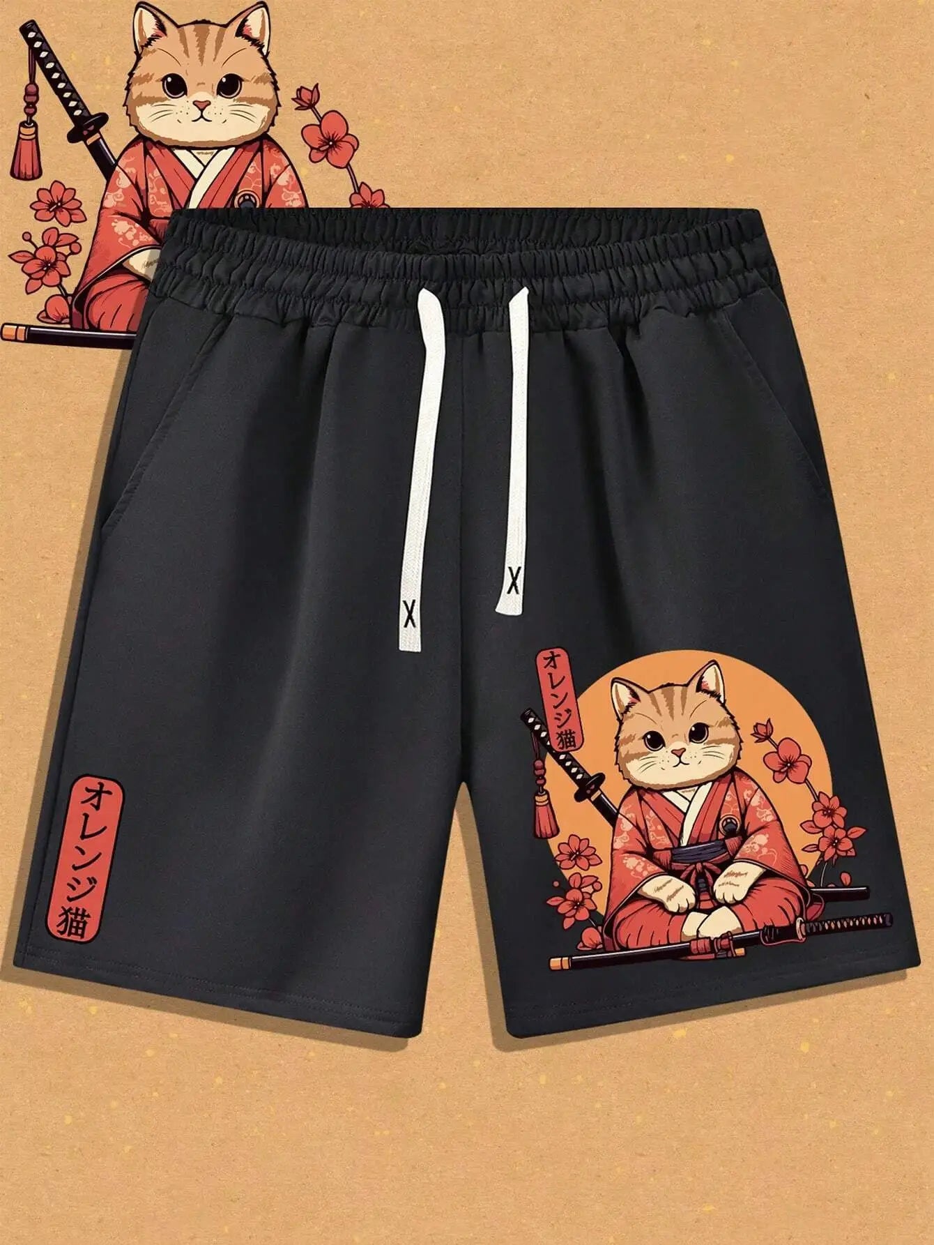 Simples Market black quick-dry swim shorts with white drawstrings, featuring a 3D anime samurai cat graphic.