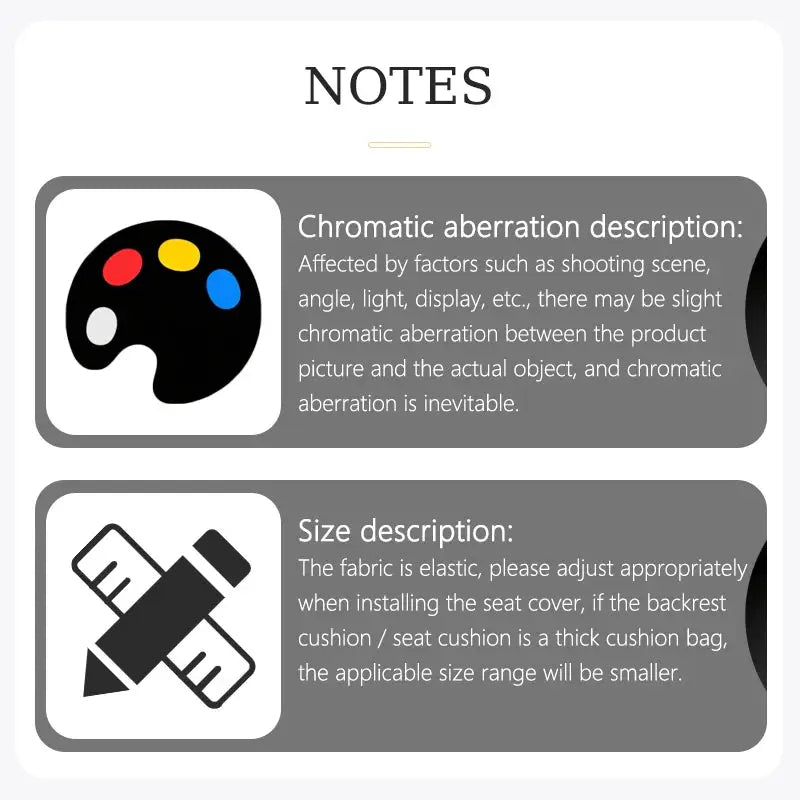 Notes panel infographic showing chromatic aberration and size descriptions with a palette icon and a ruler icon.