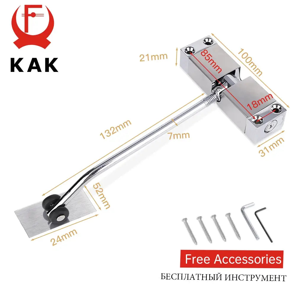 KAK stainless steel automatic door closer with chrome finish; Simples Market brand, includes screws and hex key