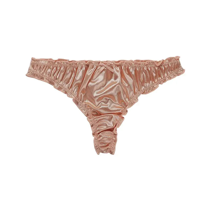 Ladies satin ice silk thong with frill trim, seamless no-show brief