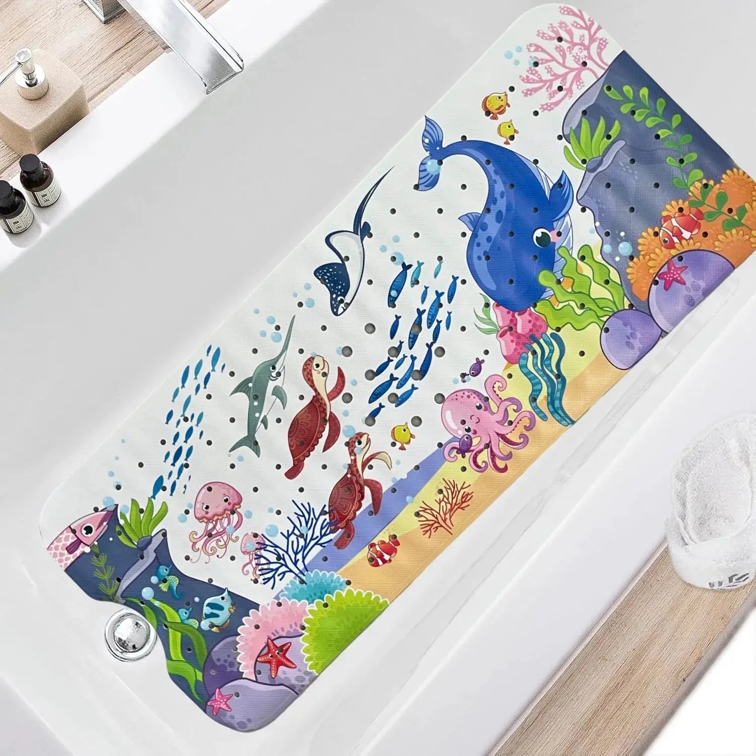 Cartoon bathtub mat, extra-long 40x100cm, colorful sea life design with suction cups and drain holes