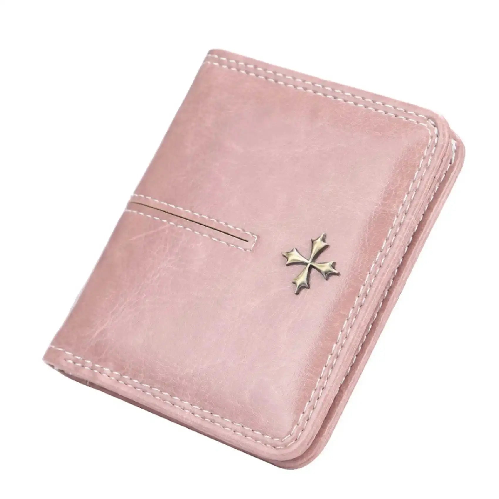 Women's short oil-waxed PU wallet in pink with white stitching and star metal accents.