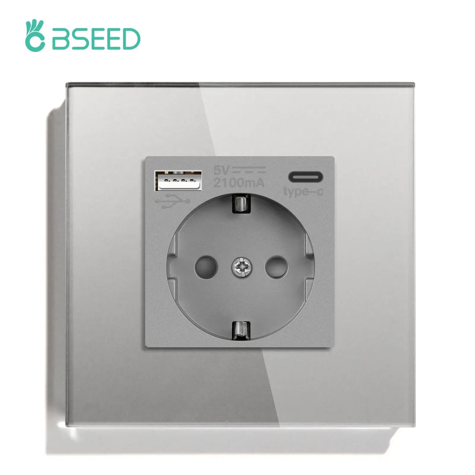 BSEED EU standard wall socket with USB-A and USB-C ports on a glass panel, 16A