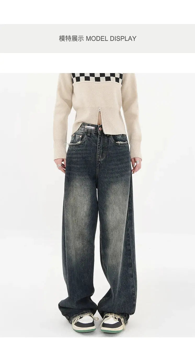 Harajuku Streetwear High Waist Jeans Loose Wide Leg Denim Trousers