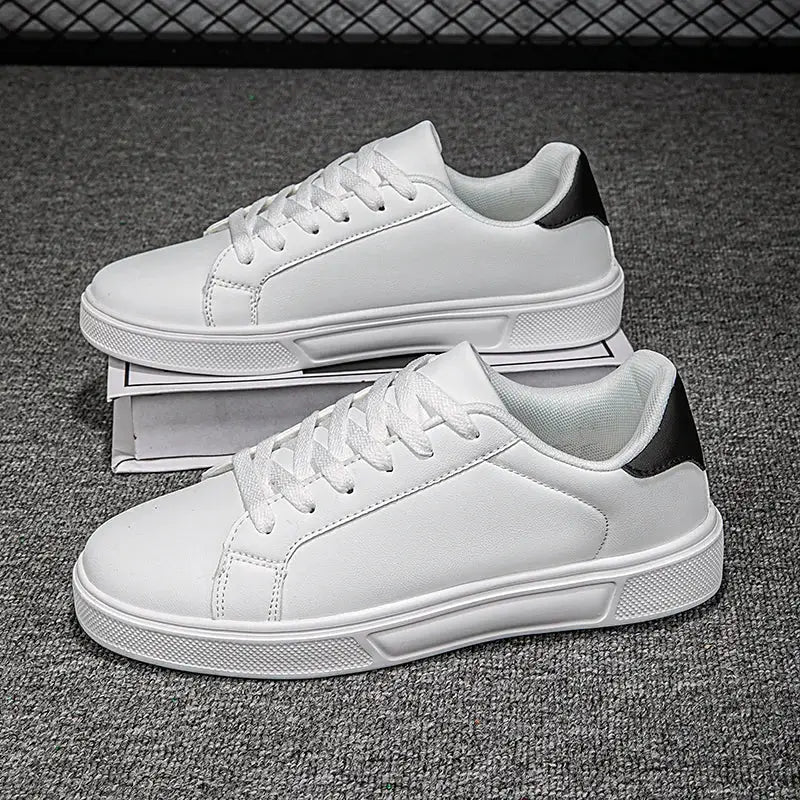 Simples Market white PU leather men sneakers, casual vulcanized shoes with black heel detail, pair