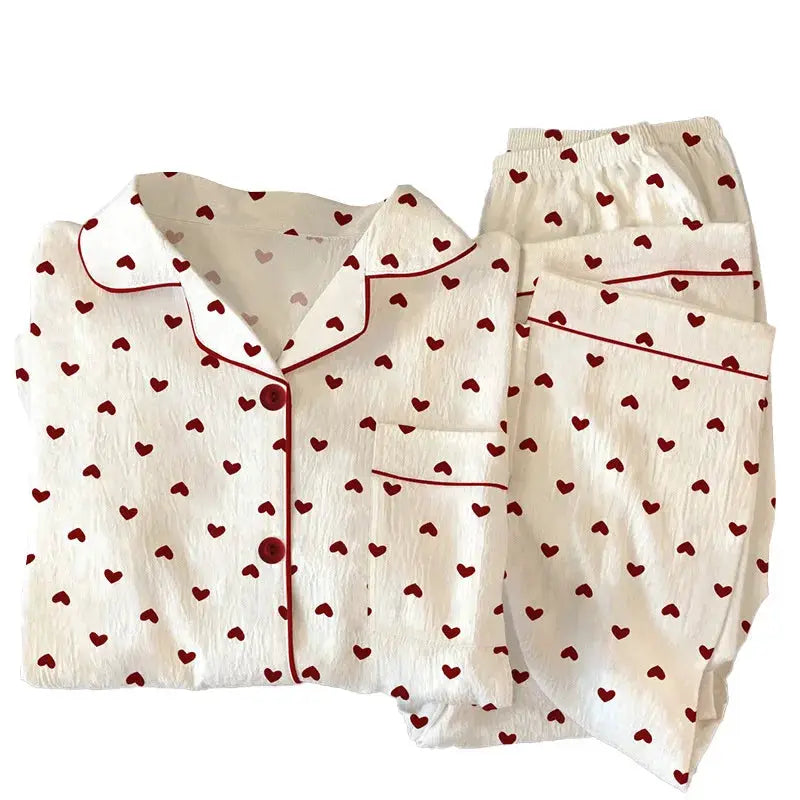 CozyNest Spring And Autumn Women Pajamas Loungewear Set Cardigan Breathable Crinkled Polyester With Love Heart Print