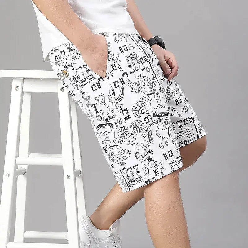 Men's 100% cotton shorts with elastic waist, white with black abstract print by Simples Market