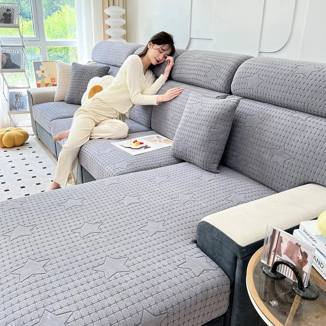 Sofa seat cushion cover set in gray jacquard stretch fabric, removable and washable.