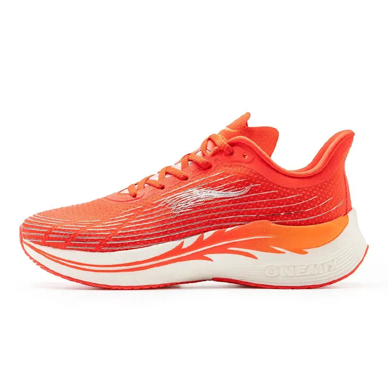 Onemax orange running shoes with breathable mesh upper and white sole