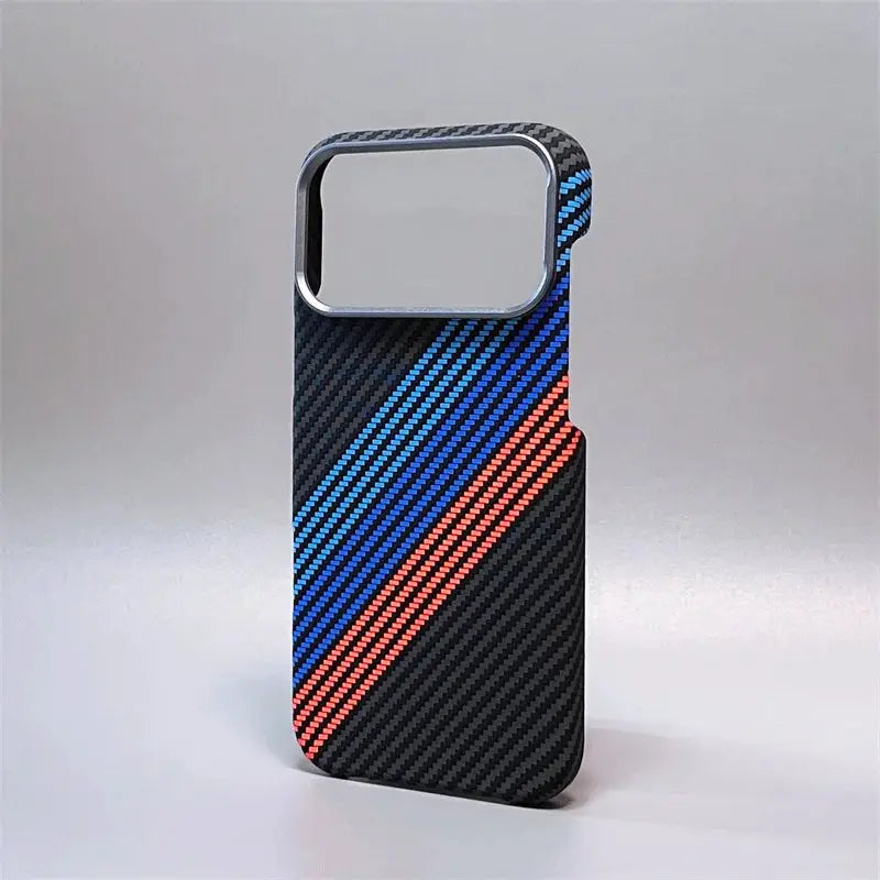 iPhone MagSafe case with carbon fiber diagonal blue and red stripes