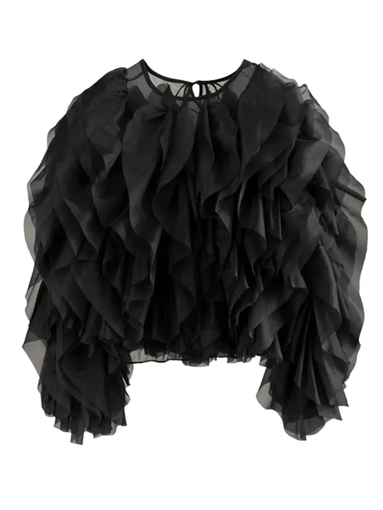 Twotwinstyle Elegant Patchwork Ruffles Chiffon Blouse O Neck Lantern