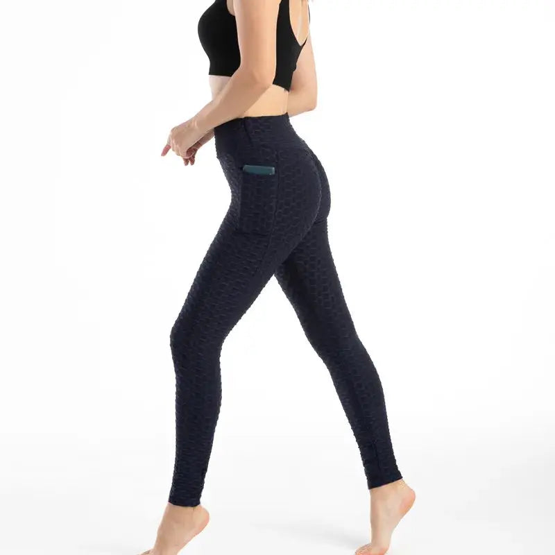 Simples Market Women's pocket bubble leggings, navy textured high-waist gym pants with hip pocket