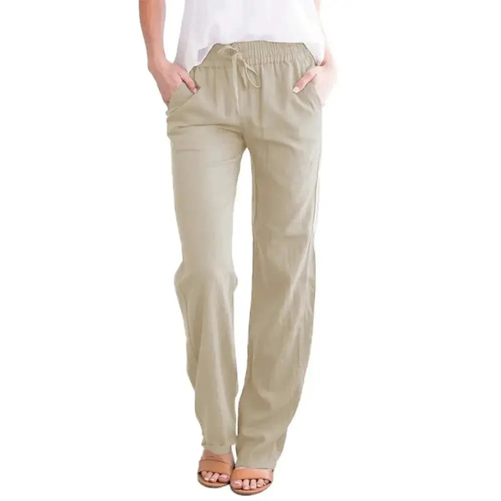 LumaWear Cotton Linen Drawstring Pants For Women Breathable Elastic Waist Casual Trousers With Loose Straight Leg