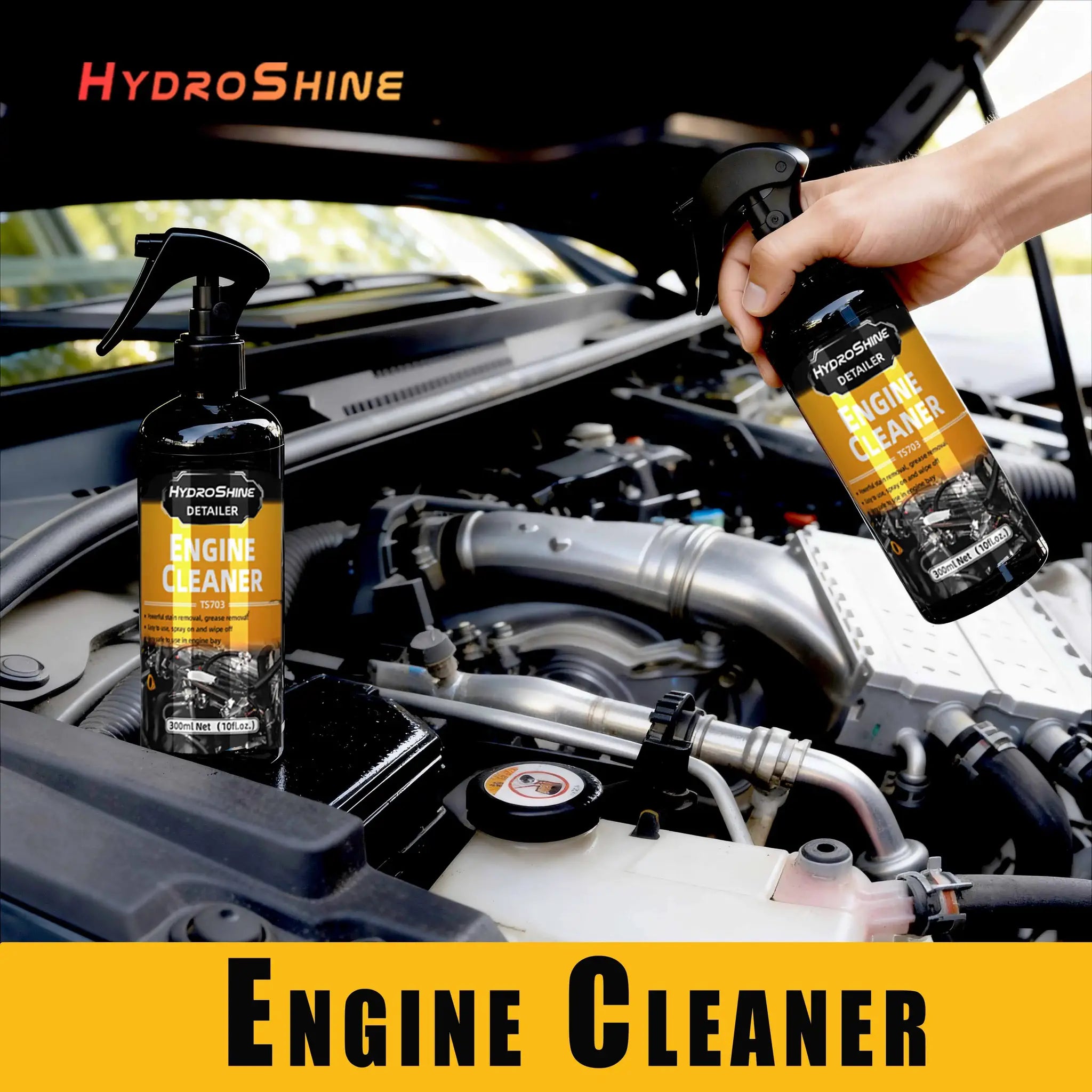 HydroShine engine cleaner bottles by Simples Market, two in a car engine bay with orange labels