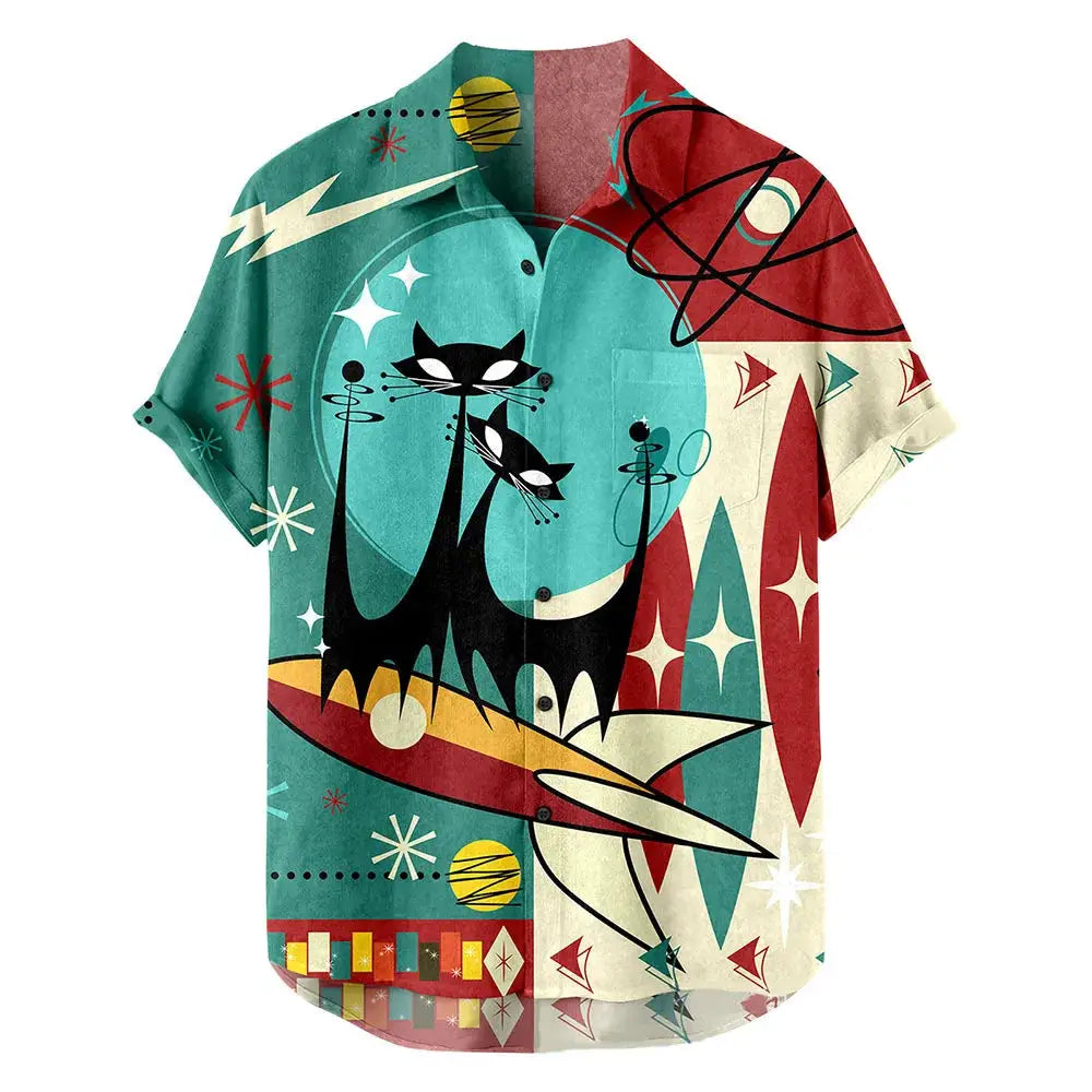 Simples Market colorful Hawaiian print short-sleeve shirt with teal, red, and cream geometric art