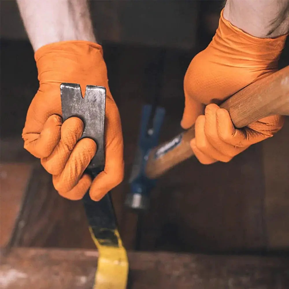Pair of heavy-duty orange nitrile gloves with textured grip for mechanic and DIY tasks