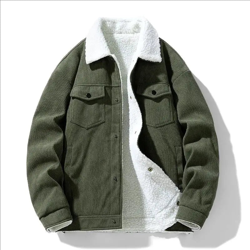 Men's olive green corduroy jacket with white sherpa lining, Simples Market