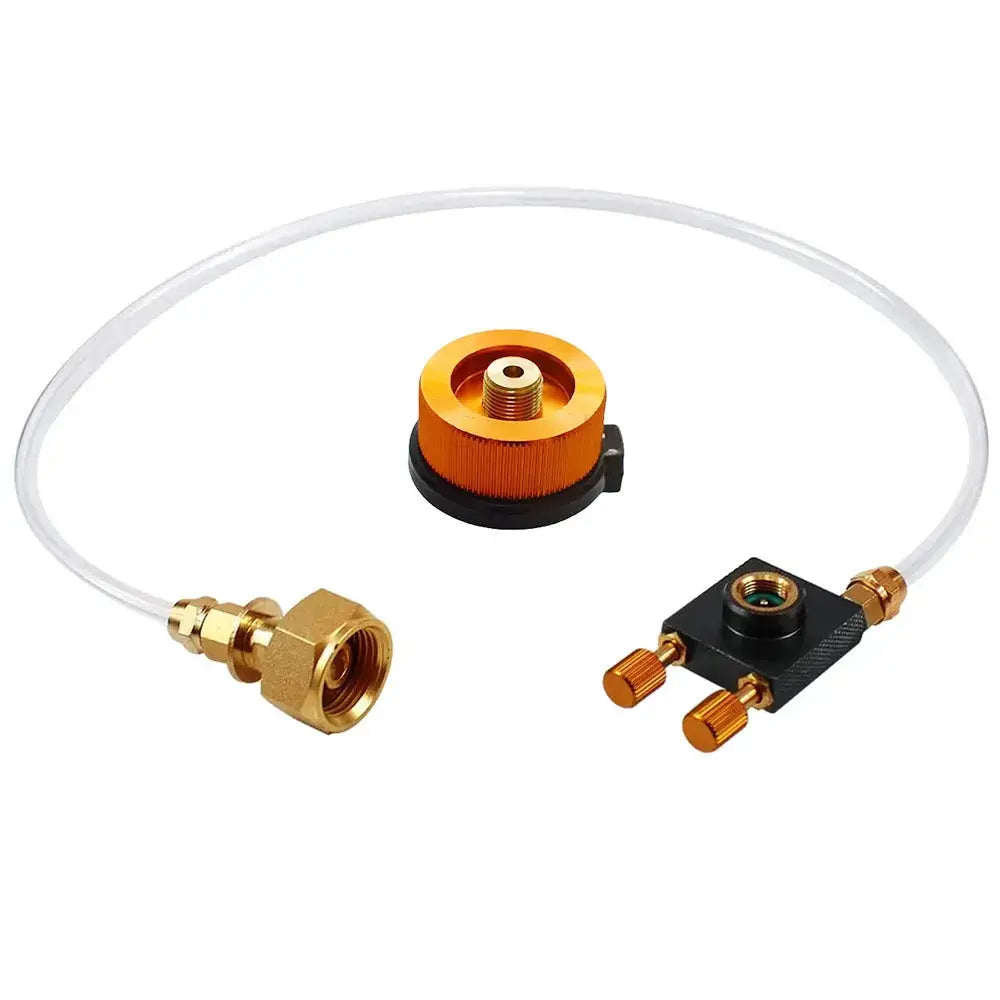 Camping gas stove refill adapter kit by Simples Market with brass fittings and clear hose