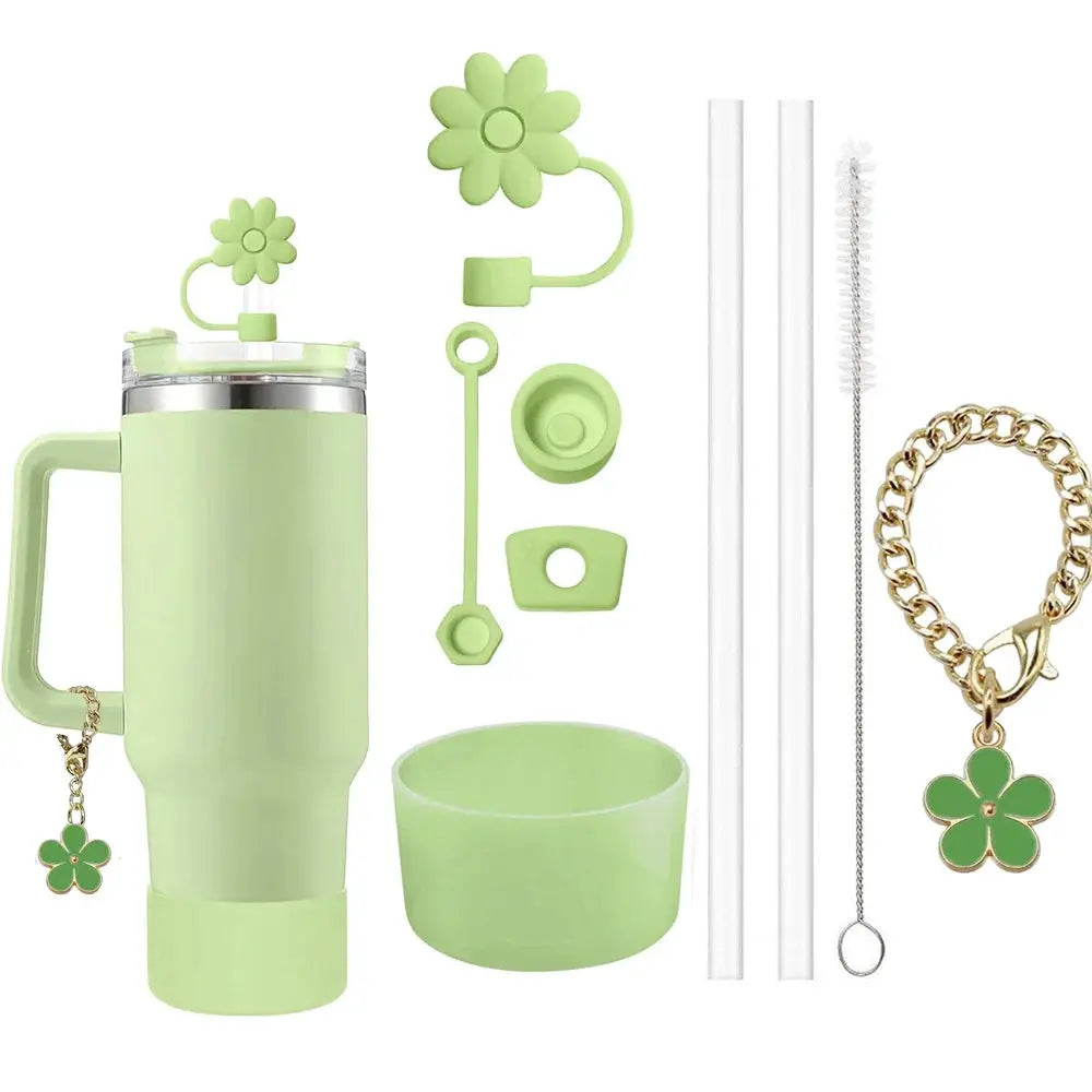 9 Piece Stanley Cup Accessories Set With Flower Spill Proof Stoppers 2 Straws And Brush And Flower Charm Chain