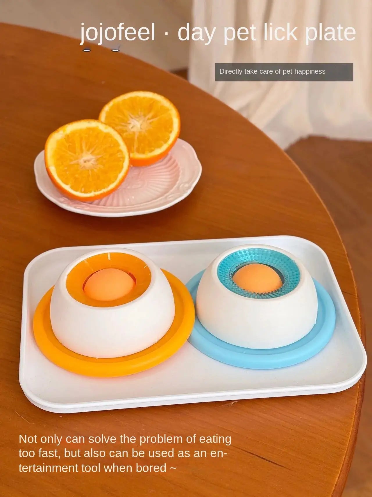 Simples Market dog lick plate interactive toy with orange and blue slow-feeder bases on a tray